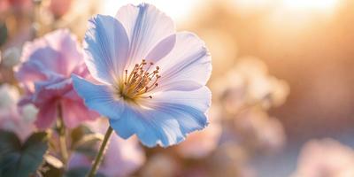 The primary subject of the image is a single white flower with a yellow center, which is the main focus of the image. The setting is a field with a pink background, and the visual style appears to be a photo. The dominant colors in the image are white and pink, creating a calm and serene atmosphere.