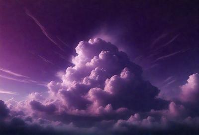 The primary subject of the image is a large, purple cloud with a white center. The cloud is surrounded by a blue sky, creating a striking contrast. The setting is a cloudy sky, and the visual style appears to be a combination of a photo and digital art. The dominant colors are purple and white, with the purple cloud being the main focus of the image. The overall atmosphere is serene and dramatic, with the cloudy sky adding a sense of depth and beauty to the scene.