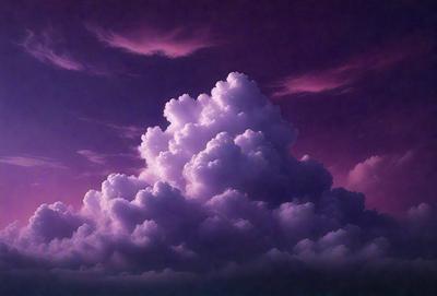 The primary subject of the image is a large, purple cloud with a white base. The cloud is surrounded by a dark, purple sky. The setting appears to be a nighttime scene, with the cloud towering over the landscape. The visual style of the image is a combination of photo and digital art, creating a dramatic and moody atmosphere.