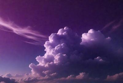 The primary subject of the image is a large, purple cloud with a few smaller clouds surrounding it. The setting is a dark, cloudy sky, and the visual style appears to be a photo. The dominant colors in the image are purple and gray, creating a moody atmosphere.