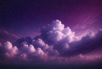 The primary subject of the image is a large, purple cloud with white clouds in the sky. The setting is a dark, purple sky, which creates a dramatic and moody atmosphere. The visual style of the image is a combination of photo and digital art, as it appears to be a photo of a painting or digital illustration. The dominant colors in the image are purple and white, with the purple cloud being the most prominent feature.