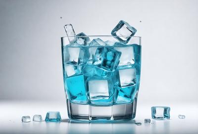 The primary subject of the image is a blue drink in a glass, which is filled with ice cubes. The setting is a white background, and the visual style appears to be a photo. The dominant colors are blue and white, creating a cool and refreshing atmosphere.