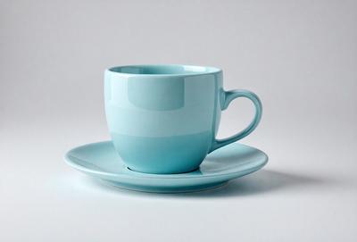 The primary subject of the image is a blue coffee cup placed on a white surface. The cup is positioned on a small plate, which is resting on a larger plate. The setting appears to be a simple and clean environment, with no additional objects or distractions. The visual style of the image is a close-up of the coffee cup, emphasizing its color and shape. The dominant colors in the image are blue and white, creating a calm and soothing atmosphere.