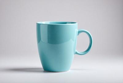 The primary subject of the image is a blue coffee mug. The mug is placed on a white surface, which serves as the background. The visual style of the image is a photo, capturing the details of the mug. The dominant colors in the image are blue and white, creating a calm and soothing atmosphere.