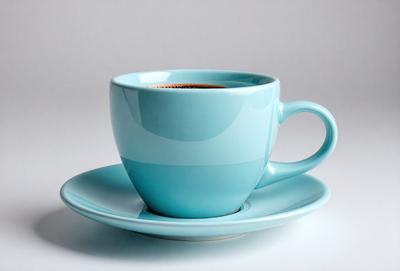 The primary subject of the image is a blue coffee cup with a black coffee beverage inside. The cup is placed on a blue plate, which is sitting on a table. The visual style of the image is a photo, and the dominant colors are blue and black. The overall atmosphere of the image is calm and relaxing, as the cup of coffee is a common symbol of leisure and enjoyment.