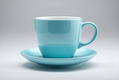 The primary subject of the image is a blue coffee cup placed on a blue plate. The setting is a table, and the visual style appears to be a photo. The dominant colors in the image are blue, which creates a calm and soothing atmosphere.