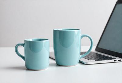 The primary subject of the image is a table with two blue coffee mugs placed on it. The setting is a white table, and the visual style is a photo. The dominant colors in the image are blue and white, creating a calm and soothing atmosphere.
