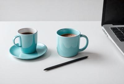 The primary subject of the image is a table with two cups of coffee on it. The table is white, and the cups are blue. The setting is a table with a laptop on it, suggesting a workspace or a cozy environment. The visual style is a realistic representation of the scene, and the colors and mood are calm and inviting.