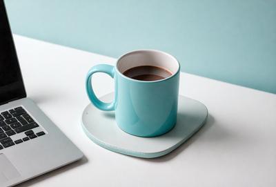 The primary subject of the image is a cup of coffee placed on a white table. The cup is filled with coffee, and it is accompanied by a saucer. The setting is a white table, and the visual style is a photo. The colors and mood of the image are predominantly white, giving it a clean and minimalist appearance.