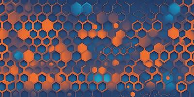 The primary subject of the image is a blue and orange hexagonal pattern. The setting is a blue and orange background, which creates a visually striking contrast with the pattern. The visual style is a combination of digital art and illustration, as the hexagons are arranged in a complex and intricate manner. The dominant colors in the image are blue and orange, creating a vibrant and lively atmosphere.