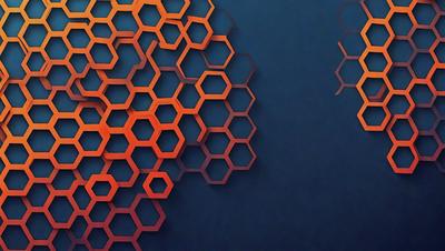 The primary subject of the image is a close-up of a honeycomb pattern, which is a blue and orange geometric design. The setting is a blue background, and the visual style appears to be a digital art or illustration. The dominant colors in the image are blue and orange, creating a vibrant and lively atmosphere.