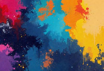 The primary subject of the image is a colorful painting or drawing, featuring a mix of blue, orange, and yellow colors. The setting is a wall, and the visual style appears to be a combination of digital art and illustration. The painting or drawing creates a vibrant and lively atmosphere, with the colors and patterns creating a sense of energy and movement.