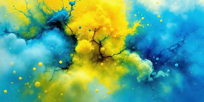 The primary subject of the image is a yellow and blue painting with a lot of yellow and blue colors. The setting is a painting, and the visual style is a digital art. The dominant colors and overall atmosphere are bright and vibrant, with a sense of movement and energy.