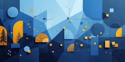 The primary subject of the image is a blue and yellow painting featuring a mountainous landscape. The setting is a blue background, and the visual style appears to be a combination of digital art and illustration. The painting is filled with various shapes, colors, and patterns, creating a vibrant and dynamic atmosphere.