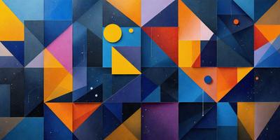 The primary subject of the image is a colorful, geometric artwork featuring a mix of blue, orange, and yellow colors. The setting is a night sky, with a few planets and stars visible in the background. The visual style appears to be a combination of digital art and illustration, creating a vibrant and dynamic atmosphere. The overall mood of the image is lively and engaging, with the artwork capturing the viewer's attention.