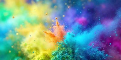 The primary subject of the image is a colorful, swirling, and vibrant display of paint or colored powder. The setting is a colorful background, which adds to the overall visual style. The colors and mood of the image are lively and energetic, with a sense of movement and excitement.
