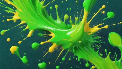 The primary subject of the image is a close-up of a brightly colored, swirling, and splashing green and yellow paint. The setting is a dark background, which contrasts with the vibrant colors of the paint. The visual style is a mix of digital art and illustration, as the paint appears to be digitally rendered or manipulated. The dominant colors are green and yellow, creating a lively and energetic atmosphere.