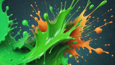 The primary subject of the image is a close-up of a green and orange splash of paint, likely a digital art or illustration. The setting is a blue background, which contrasts with the vibrant colors of the paint. The visual style appears to be a creative and artistic representation of the paint splash. The dominant colors are green and orange, creating a lively and energetic atmosphere.