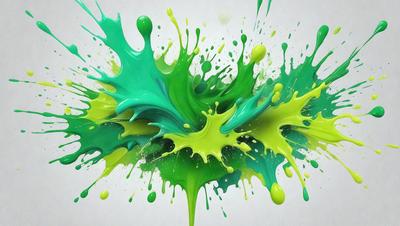 The primary subject of the image is a close-up of a green and yellow splash of paint, which appears to be a digital art or illustration. The setting is a white background, which provides a clean and uncluttered environment for the artwork. The visual style is modern and creative, with the colors and mood being vibrant and lively.