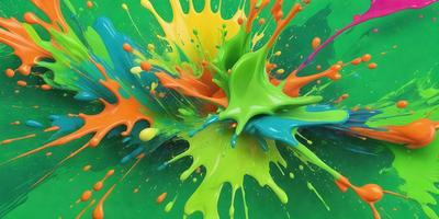 The primary subject of the image is a close-up of a colorful, swirling, and splashing painting. The painting is a mix of different colors, creating a vibrant and lively atmosphere. The setting is a green background, which adds to the overall visual style of the painting. The colors and mood of the painting are energetic and dynamic, capturing the viewer's attention and evoking a sense of movement and creativity.