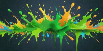 The primary subject of the image is a close-up of a colorful, splattered painting. The painting is a mix of green, orange, and blue colors, creating a vibrant and lively atmosphere. The setting is a dark blue background, which contrasts with the bright colors of the painting. The visual style of the image is a combination of digital art and illustration, showcasing the artist's creativity and skill in creating a visually appealing piece of art.
