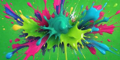 The primary subject of the image is a close-up of a colorful, dripping, and splattered substance, likely paint or a similar material. The setting is a green background, which provides a contrasting and vibrant backdrop for the colorful substance. The visual style of the image is a mix of photo and digital art, as it appears to be a close-up of a painting or a similar artistic creation. The colors and mood of the image are lively and energetic, with the