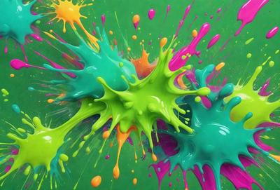 The primary subject of the image is a close-up of a colorful, swirling, and splashing painting. The painting is displayed on a green background, which adds a vibrant and lively atmosphere to the scene. The visual style of the image is a mix of photo and digital art, creating a unique and eye-catching effect. The dominant colors in the painting are green, orange, and yellow, which contribute to the overall cheerful and energetic mood of the scene.