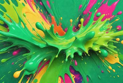 The primary subject of the image is a close-up of a colorful, swirling, and splashing painting. The painting is a mix of green, yellow, and orange colors, creating a vibrant and lively atmosphere. The setting is a canvas, and the visual style is a painting, showcasing the artist's skill in creating a dynamic and engaging piece of art. The colors and mood of the painting evoke a sense of energy and creativity, making it an eye-catching and memor