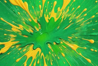The primary subject of the image is a close-up of a green and yellow splash, which appears to be a painting or a digital artwork. The setting is a green and yellow background, creating a vibrant and lively atmosphere. The visual style is a mix of photo and digital art, as it captures the vivid colors and textures of the splash. The colors and mood of the image are predominantly green and yellow, with a sense of energy and movement.
