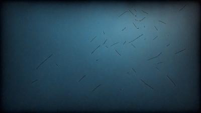 The primary subject of the image is a blue background with a pattern of black lines. The setting appears to be a dark room, and the visual style is a combination of a photo and a drawing. The dominant colors are blue and black, creating a moody atmosphere.