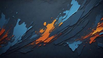 The primary subject of the image is a painting, which features a blue background and a variety of colors, including orange and yellow. The painting appears to be a digital art piece, showcasing a unique visual style. The colors and mood of the painting are vibrant and lively, creating an engaging and dynamic artwork.