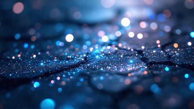 The primary subject of the image is a close-up of a cracked, blue-tinted surface with a pattern of blue lights. The setting appears to be a dark, possibly underground environment. The visual style of the image is a combination of a photo and digital art, creating a unique and intriguing appearance. The dominant colors in the image are blue and black, giving it a moody and mysterious atmosphere.