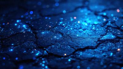 The primary subject of the image is a blue, glowing surface with a cracked appearance. The setting appears to be a dark, possibly underground environment. The visual style of the image is a combination of a photo and digital art, creating a unique and captivating atmosphere. The dominant colors in the image are blue and purple, with the blue glowing surface and purple hues creating a serene and mysterious mood.