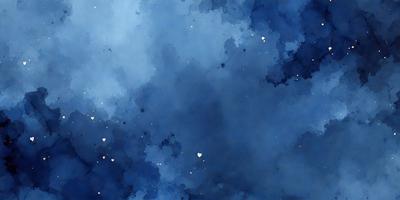 The primary subject of the image is a blue sky filled with stars. The setting is a cloudy night sky, and the visual style is a watercolor painting. The colors and mood of the image are predominantly blue, with a sense of tranquility and beauty.