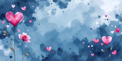 The primary subject of the image is a cloudy blue sky filled with hearts. The setting is a cloudy blue sky, and the visual style is a watercolor painting. The dominant colors are blue and pink, creating a serene and calming atmosphere.