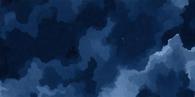 The primary subject of the image is a cloudy night sky. The setting is a dark, cloudy night with a few stars visible in the sky. The visual style is a watercolor painting, giving the scene a soft, artistic appearance. The colors and mood of the image are predominantly dark and moody, with the clouds and stars creating a dramatic and atmospheric backdrop.