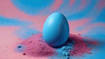 The primary subject of the image is a blue egg, which is sitting on top of a pink and blue surface. The setting appears to be a colorful, artistic environment, possibly a painting or a digital artwork. The visual style of the image is a mix of photo and digital art, creating a unique and vibrant atmosphere. The dominant colors in the image are blue and pink, which contribute to the overall mood of the scene.