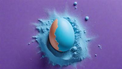 The primary subject of the image is a blue and orange egg, which is sitting on a purple surface. The egg appears to be cracked, giving it a unique and interesting appearance. The setting is a close-up of the egg, with the purple surface providing a contrasting background. The visual style of the image is a combination of photo and digital art, creating a striking and eye-catching composition. The colors and mood of the image are vibrant and lively, with the blue and orange egg standing out against