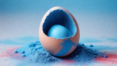 The primary subject of the image is a blue egg with a cracked shell. The egg is placed on a blue surface, which could be a table or a counter. The visual style of the image is a close-up of the egg, showcasing its unique color and texture. The colors and mood of the image are predominantly blue, creating a calm and serene atmosphere.