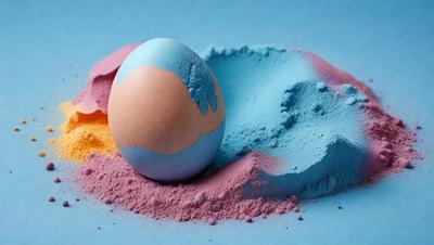 The primary subject of the image is a colorful egg, which is placed on a blue and pink surface. The egg is cracked open, revealing its vibrant colors. The setting appears to be a creative and artistic environment, possibly a painting or drawing. The visual style of the image is a combination of photo and digital art, creating a unique and eye-catching scene. The dominant colors in the image are blue, pink, and orange, which contribute to the overall mood of the scene.