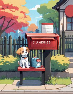 The primary subject of the image is a small dog sitting on a bench in front of a mailbox. The setting is an outdoor environment with a fence nearby. The visual style is an illustration or a drawing, giving the image a whimsical and playful atmosphere. The colors are predominantly shades of green, brown, and red, which contribute to the warm and inviting mood of the scene.
