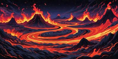 The primary subject of the image is a colorful, swirling, and fiery landscape. The setting is a dark, red, and orange sky, with a backdrop of mountains. The visual style is a digital art or illustration, creating a vibrant and dynamic scene. The colors and mood of the image are predominantly dark and dramatic, with the red and orange hues adding a sense of intensity and danger to the environment.