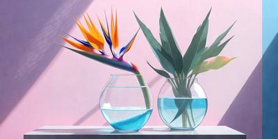 The primary subject of the image is a pair of blue vases filled with water and placed on a table. The vases are holding two different types of flowers, creating a visually appealing and colorful display. The setting is a table with a pink background, which adds a touch of warmth to the scene. The visual style of the image is a combination of digital art and illustration, giving it a unique and artistic appearance. The colors and mood of the image are predominantly blue and pink, creating a