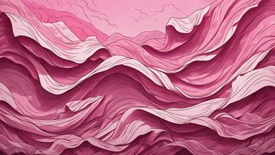 The primary subject of the image is a large, pink mountain with a wave-like shape. The mountain is the main focus of the image, and it is set against a pink background. The visual style of the image is a combination of digital art and illustration, creating a unique and eye-catching scene. The dominant colors in the image are pink and purple, giving the mountain a warm and inviting appearance.