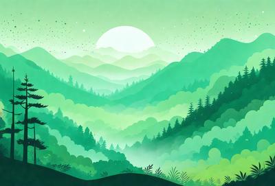 The primary subject of the image is a beautifully drawn mountain landscape with a sunset in the background. The setting is a lush green forest, and the visual style is a combination of digital art and illustration. The colors and mood of the image are serene and peaceful, with the sunset casting a warm glow over the landscape.