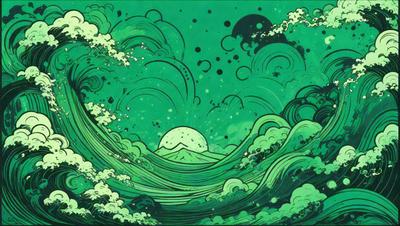 The primary subject of the image is a large wave with a sun rising in the background. The wave is green and has a vibrant, lively appearance. The setting is the ocean, with the sun rising above the horizon, creating a serene and picturesque scene. The visual style is a combination of digital art and illustration, giving the image a unique and artistic touch. The dominant colors are green and orange, creating a warm and inviting atmosphere.