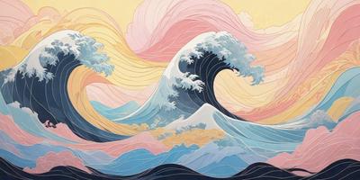 The primary subject of the image is a large wave, which is the main focus of the scene. The wave is depicted in a colorful and vibrant manner, with a mix of blue, pink, yellow, and orange hues. The setting is a beach, with the wave crashing onto the shore. The visual style of the image is a combination of digital art and illustration, creating a dynamic and engaging scene. The overall atmosphere of the image is energetic and lively, with the colorful wave capt