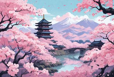 The primary subject of the image is a beautiful scene of a river flowing through a valley with a bridge crossing it. The setting is a mountainous area with a mountain in the background. The visual style is an illustration or a digital art, creating a vibrant and lively atmosphere. The colors are predominantly pink, which adds a sense of warmth and serenity to the scene.