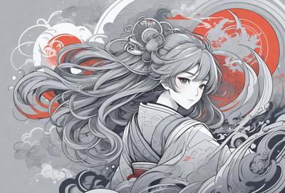 The primary subject of the image is a woman dressed in a white kimono, with long hair and a flower in her hair. She is holding a fan in her hand. The setting is a cloudy sky, which serves as the backdrop for the woman. The visual style is a combination of digital art and illustration, creating a unique and artistic representation of the woman. The colors and mood of the image are predominantly white and gray, giving it a serene and elegant atmosphere.