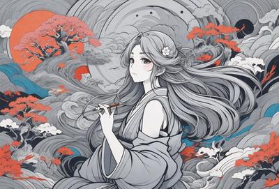 The primary subject of the image is a woman with long hair, dressed in a kimono, and holding a brush. She is sitting in front of a painting, possibly creating or admiring the artwork. The setting is a painting or drawing, which adds a creative and artistic atmosphere to the scene. The visual style is a combination of traditional Japanese art and modern illustration, creating a unique and captivating image. The colors and mood are predominantly dark and moody, with the woman's hair and